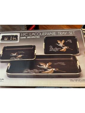 3-Pc Black Lacquerware Tray Set with Gold Crane Motif